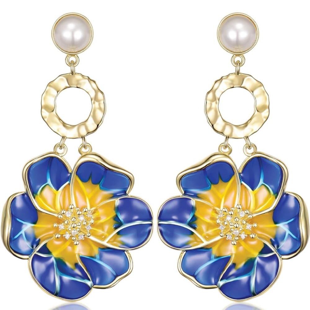 Butterfly Earrings 14K Gold Plated Flower Enamel Pearl Cubic Zirconia Dragonfly